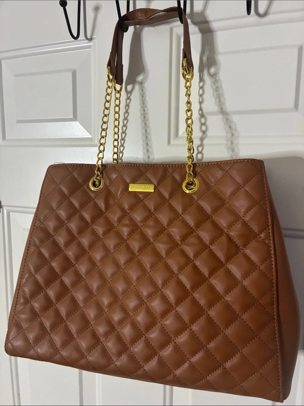 Love Quilted Tan Tote with Gold Chain Handles
